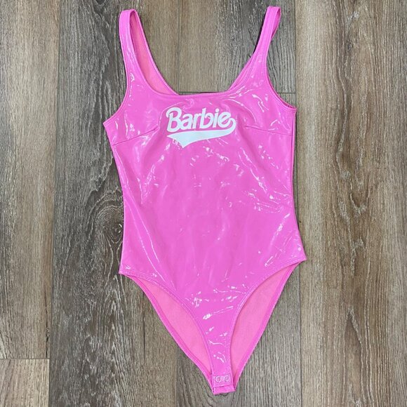 Forever 21 Other - Barbie X Forever 21 Pink Patent Shine Bodysuit With Logo Scoop Neck Womens S